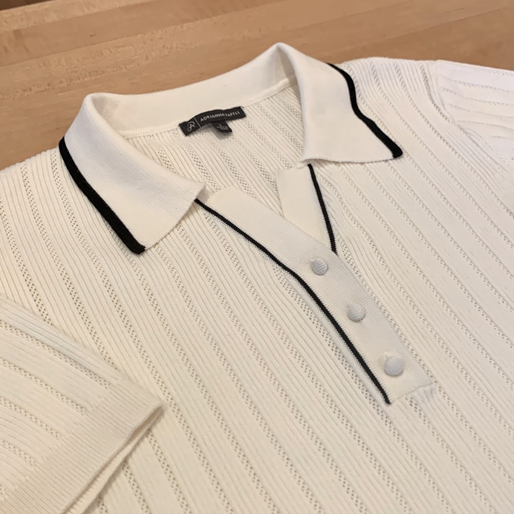 Adrianna Papell White Knit V-Neck Sweater with Black Trim